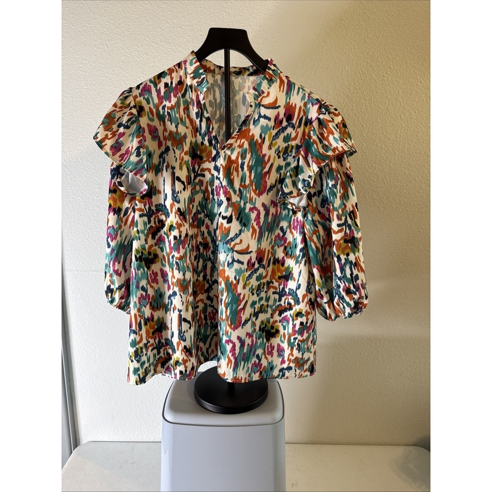 Women's Multicolored Ruffle Long Sleeve V-Neck Blouse Size XL